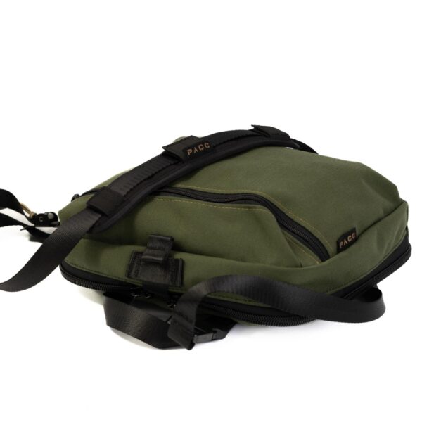 Top view, OD Green Mini PACC tactical bulletproof EDC body armor carrier with concealed carry gun holster premium alternative to CCW fanny pack.