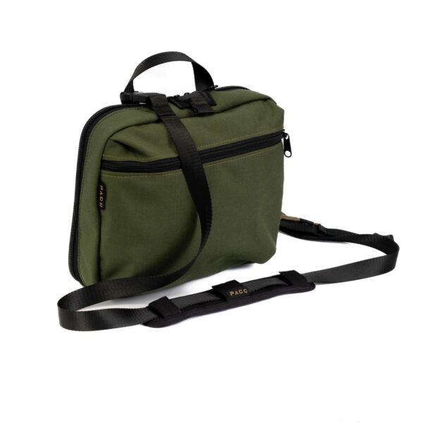 Front view, OD Green Mini PACC tactical bulletproof EDC body armor carrier, this concealed carry sling bag is a premium alternative to CCW fanny pack.