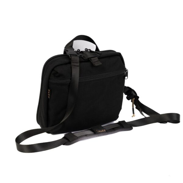 Front view, Black Mini PACC tactical bulletproof EDC body armor carrier, this concealed carry sling bag is an alternative to CCW fanny pack.