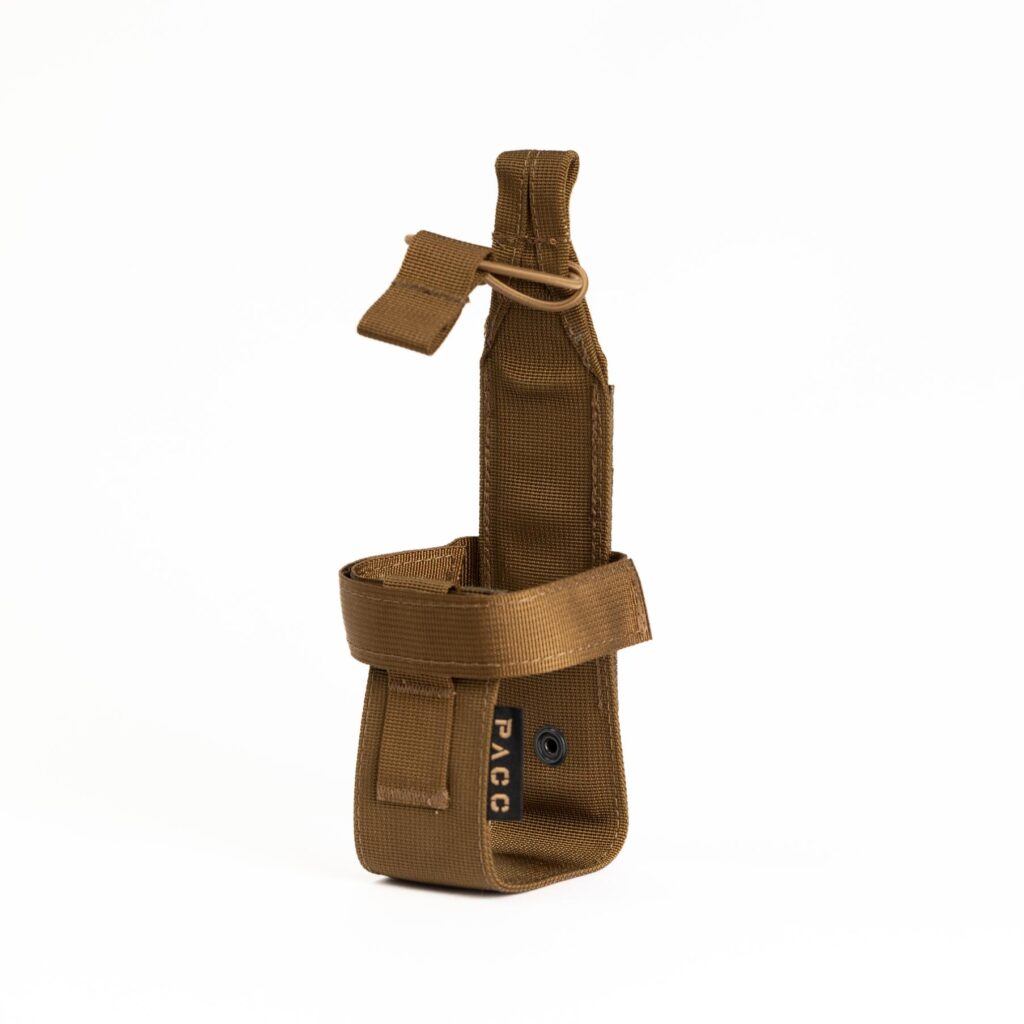Front view of Bear spray holder for PACC Armor-lightweight-tactical-hunting carrier.