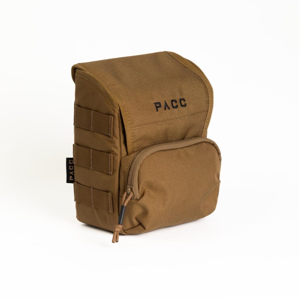 Binoculars case for PACC Armor Carrier is a lightweight tactical carrier harnessed to your EDC/CCW Mini PACC or hunting rig, front view.