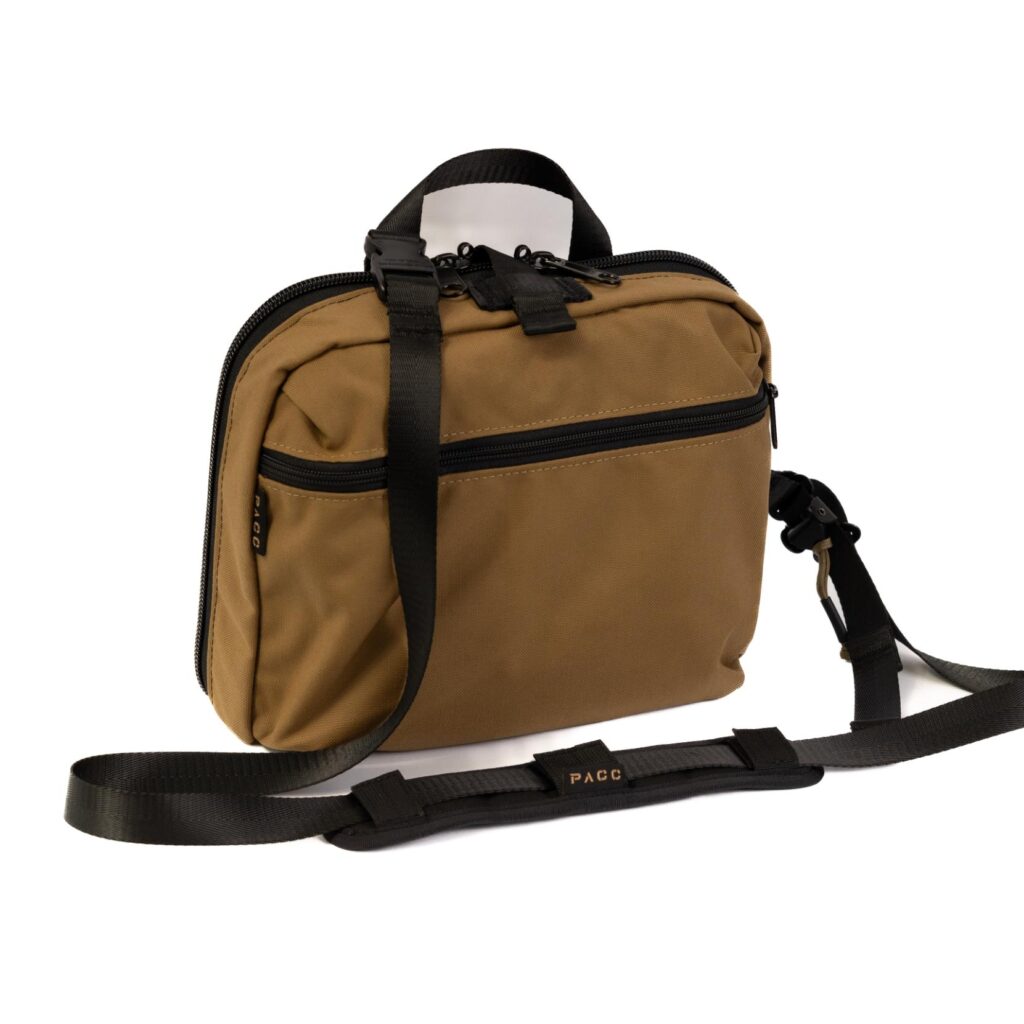 Front view, Coyote Brown Mini PACC tactical bulletproof EDC body armor carrier, this concealed carry sling bag is an alternative to CCW fanny pack.