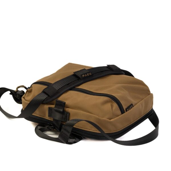 Top view, Coyote Brown Mini PACC tactical bulletproof EDC body armor carrier with concealed carry gun holster premium alternative to CCW fanny pack.