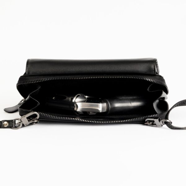 Side open view of PACC Armor’s genuine leather women’s gun wallet with purse holster for concealed carry, a women’s tactical EDC/CCW.