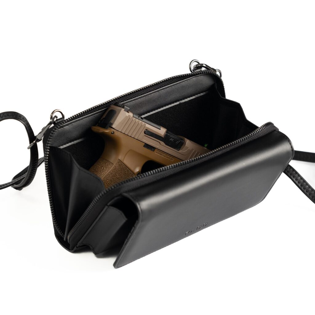 Top open view of PACC Armor’s genuine leather women’s gun wallet with purse holster for concealed carry, a women’s tactical EDC/CCW.