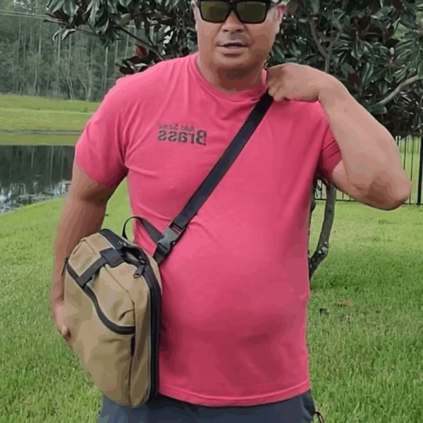 Down position of Mini PACC tactical bulletproof EDC body armor carrier, this concealed carry sling bag is an alternative to CCW fanny pack.