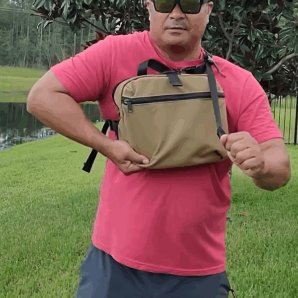 Chest position of Mini PACC tactical bulletproof EDC body armor carrier, this concealed carry sling bag is an alternative to CCW fanny pack.