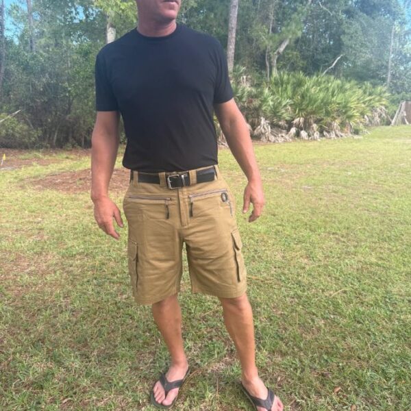 Standing coyote brown, Pistol Pants cargo shorts, Most comfortable tactical EDC/CCW gun holster built-in, in big and tall sizes