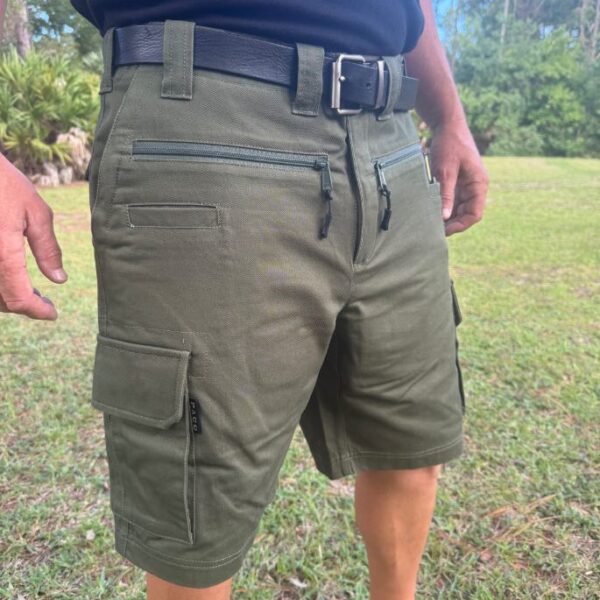 Front OD Green, Pistol Pants cargo shorts, Most comfortable tactical EDC/CCW gun holster built-in, in big and tall sizes