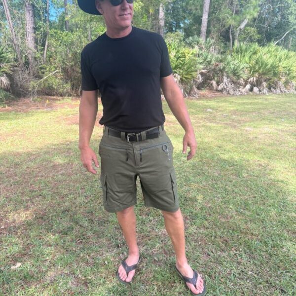 Standing OD green, Pistol Pants cargo shorts, Most comfortable tactical EDC/CCW gun holster built-in, in big and tall sizes